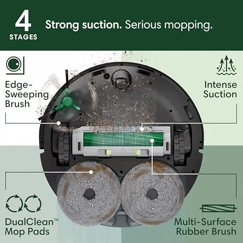 Underside view: edge-sweeping brush, DualClean mop pads, multi-surface rubber brush